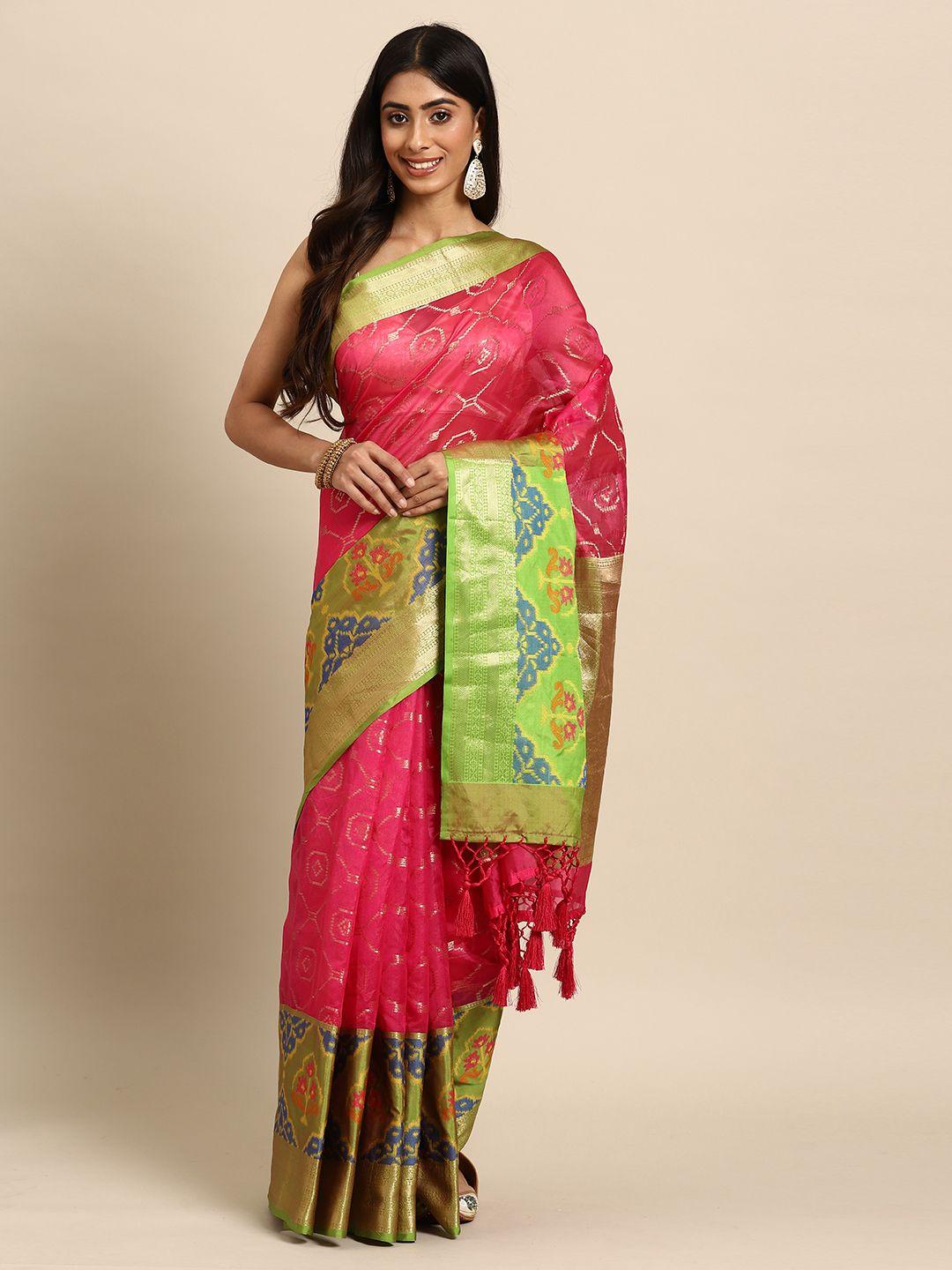 silk land pink zari silk blend banarasi saree