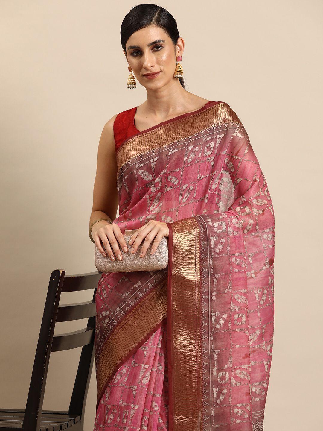 silk land printed zari block print saree