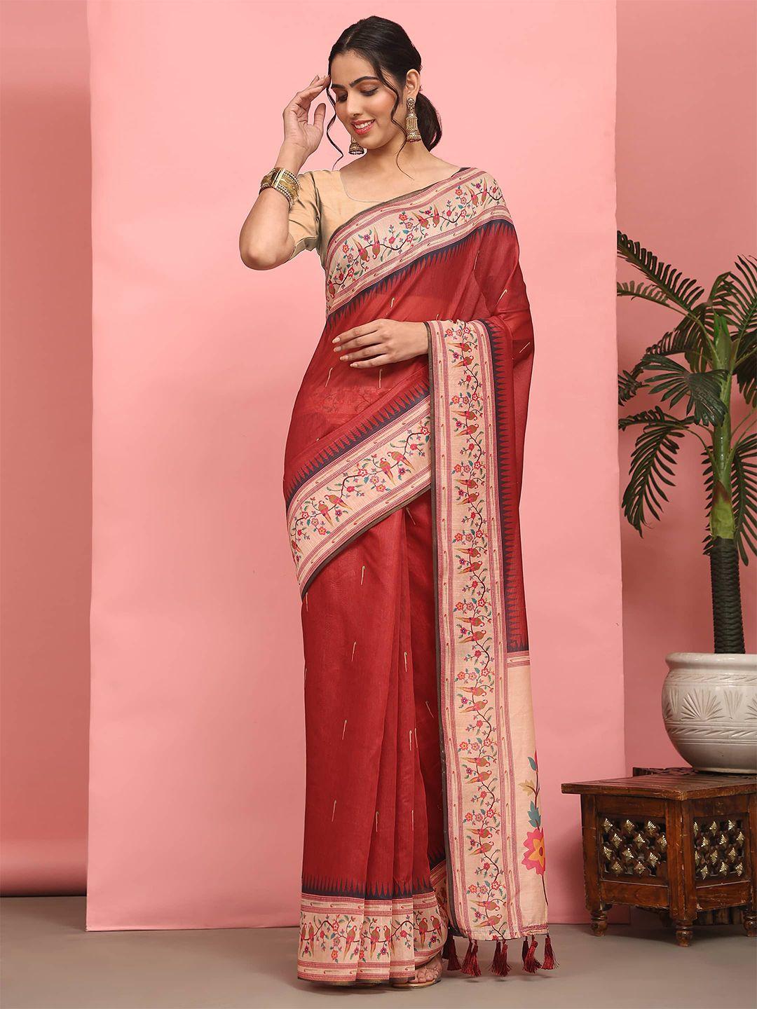 silk land printed zari fusion paithani saree