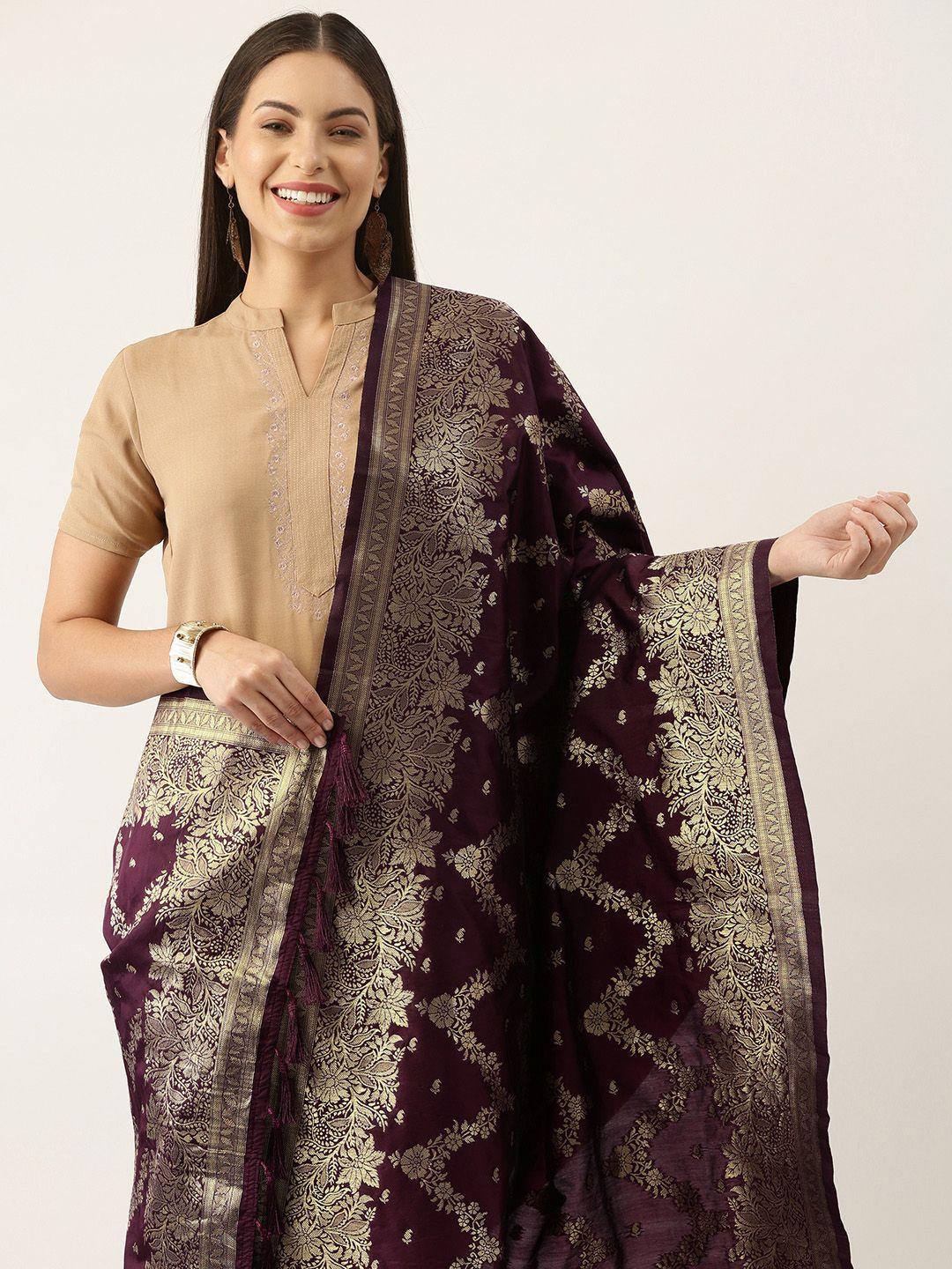 silk land purple & gold-toned ethnic motifs woven design  pure banarasi silk dupatta