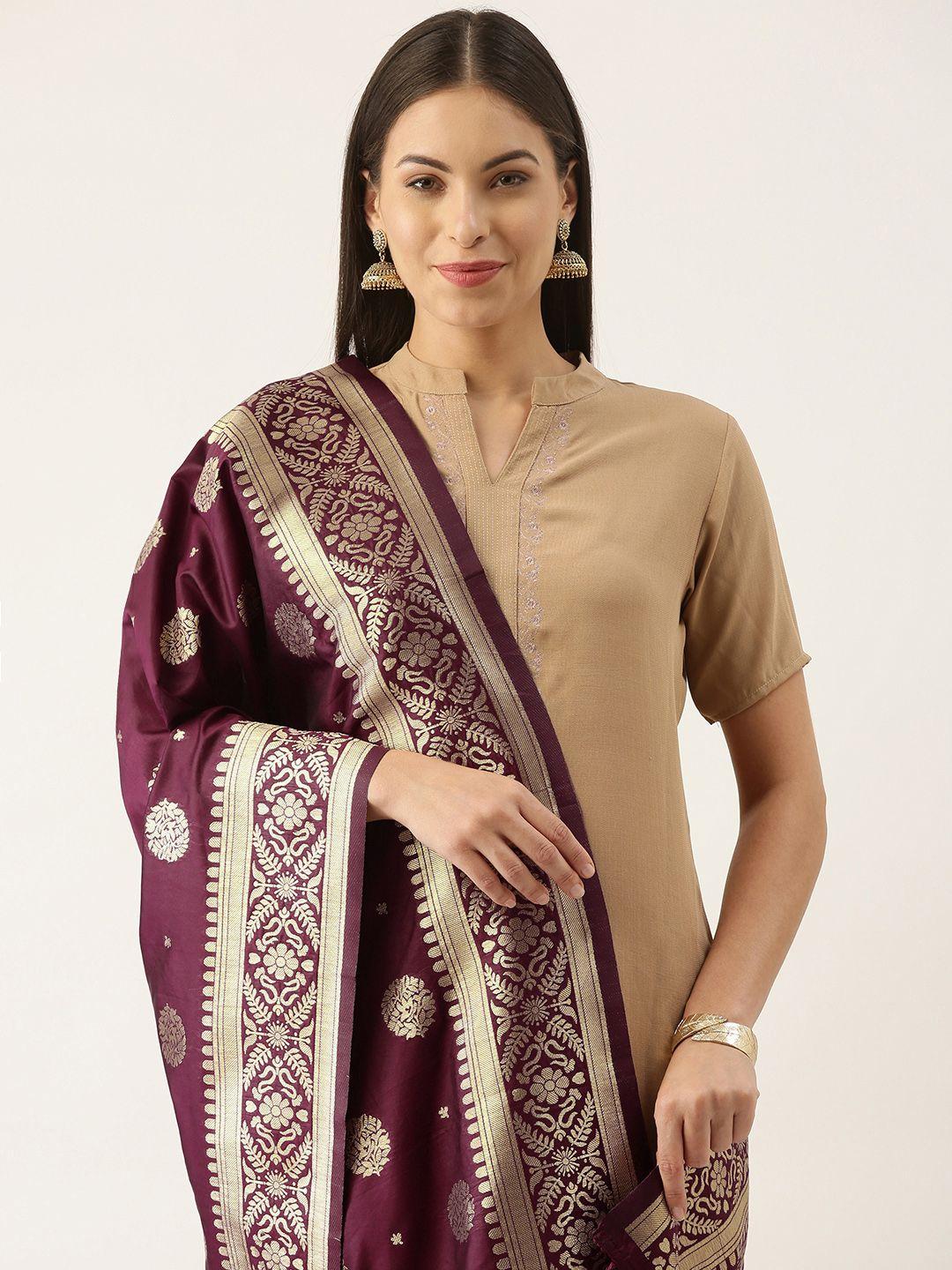 silk land purple & gold-toned ethnic motifs woven design  pure banarasi silk dupatta