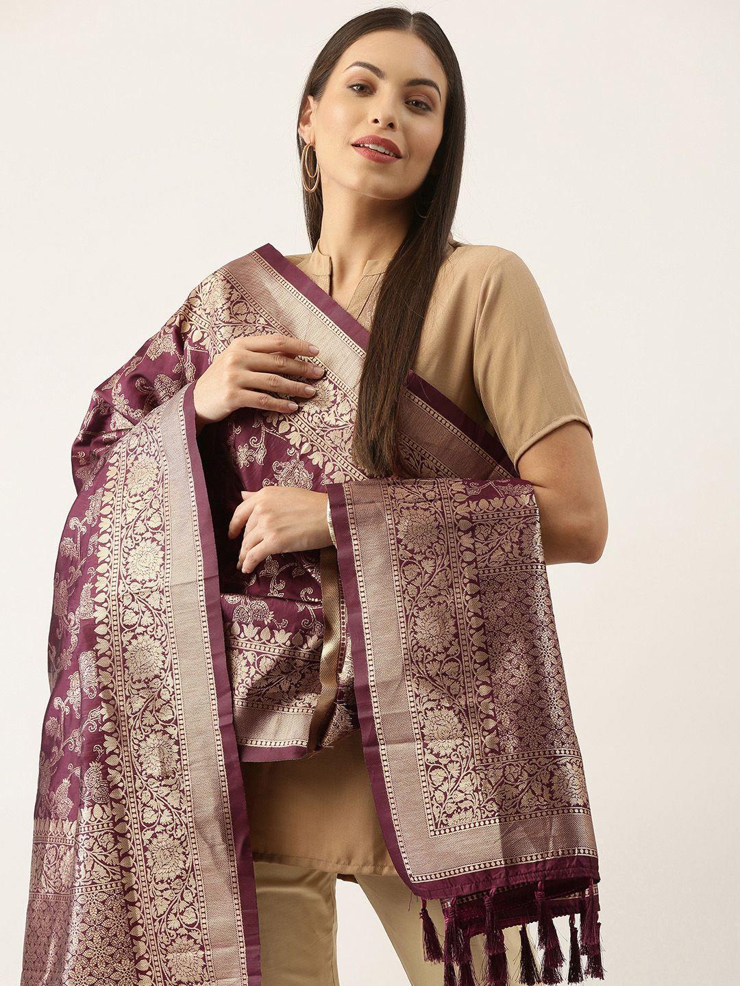 silk land purple & gold-toned ethnic motifs woven design pure banarasi silk dupatta