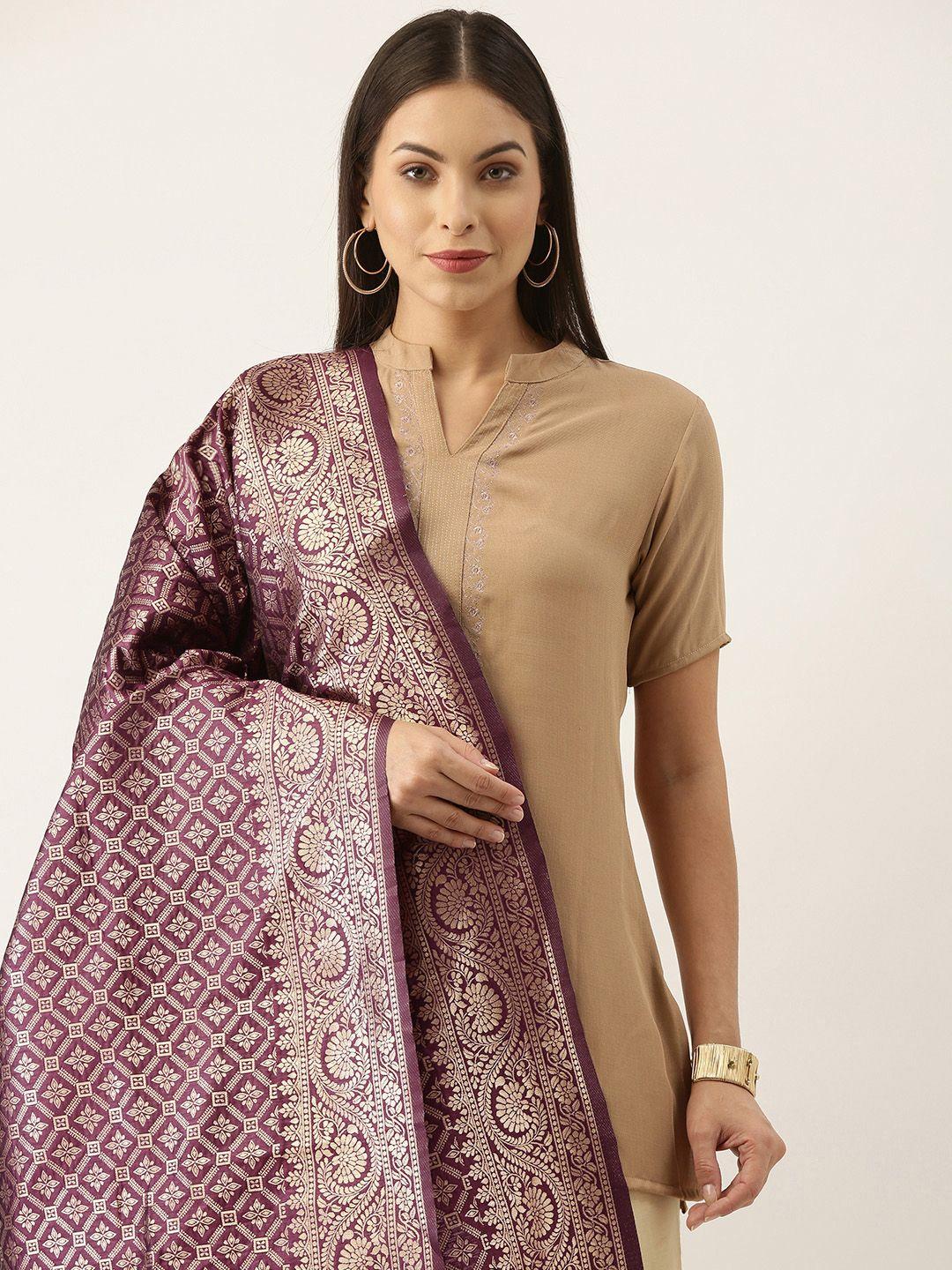 silk land purple & gold-toned ethnic motifs woven design pure banarasi silk dupatta