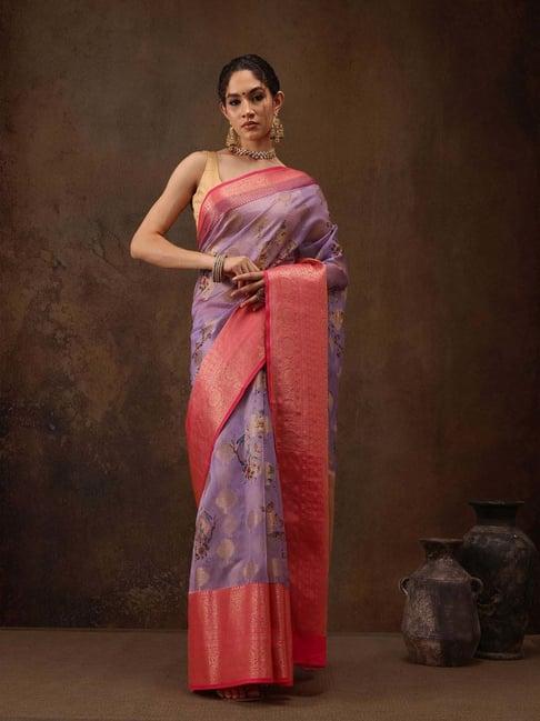 silk land purple & pink silk woven saree with unstitched blouse