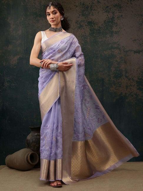 silk land purple embroidered saree with unstitched blouse