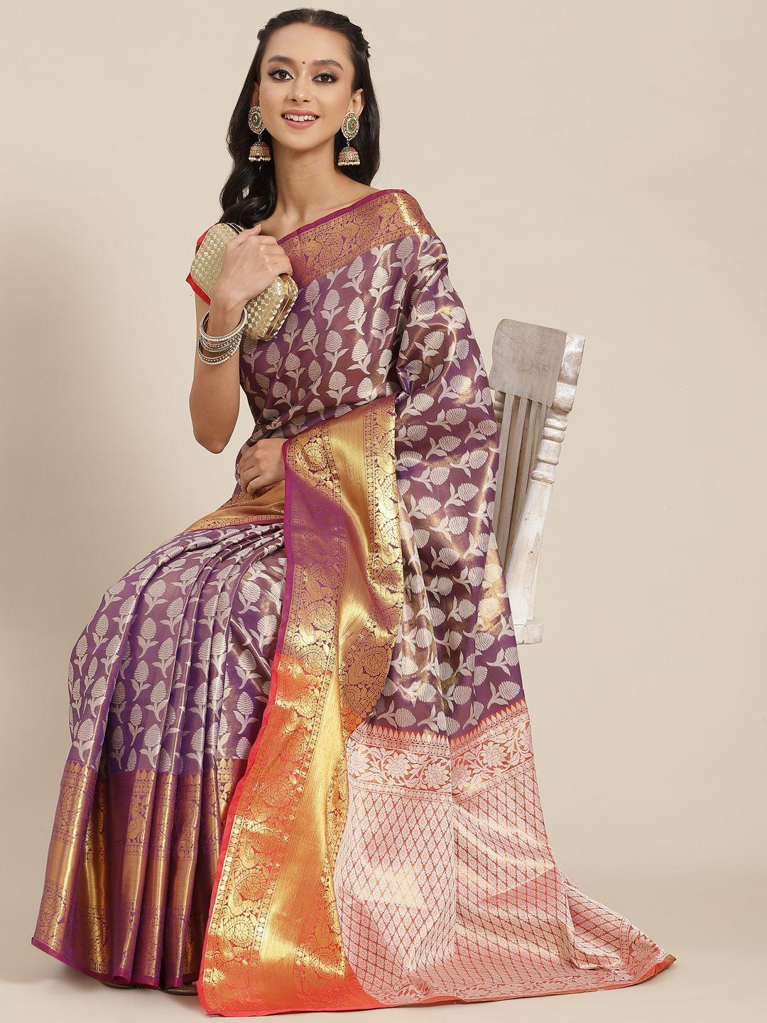silk land purple ethnic motifs zari brocade banarasi saree