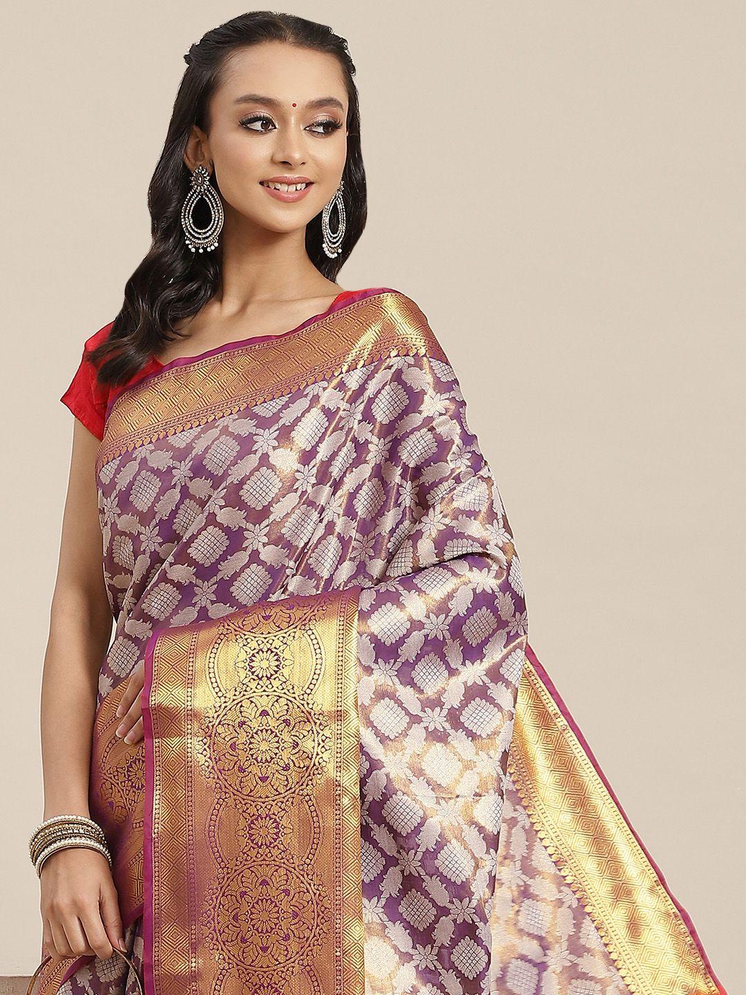 silk land purple ethnic motifs zari brocade banarasi saree