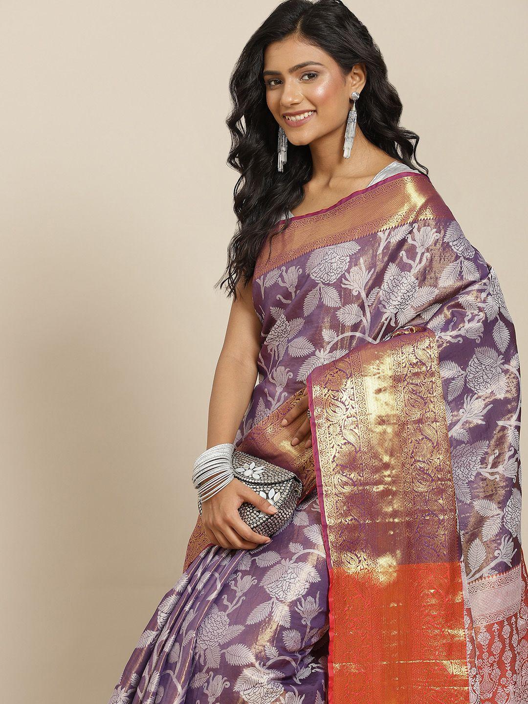 silk land purple ethnic motifs zari pure silk saree