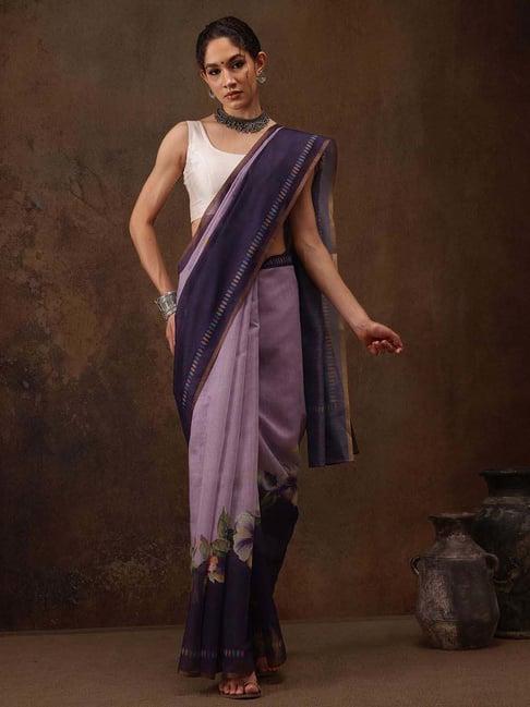 silk land purple printed saree with unstitched blouse