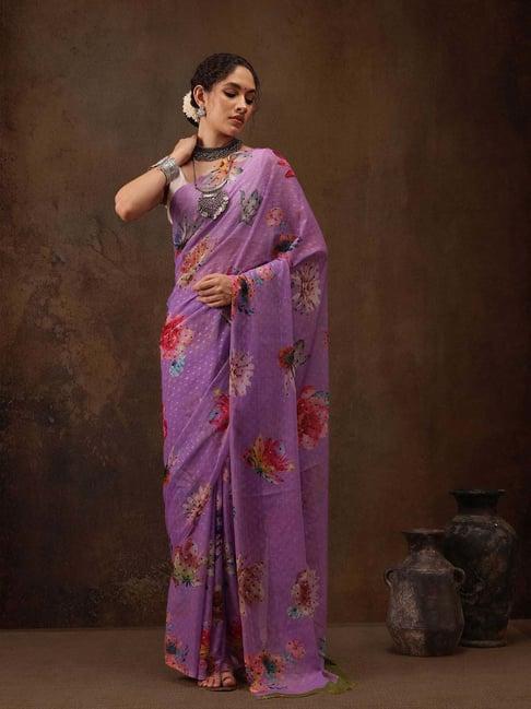 silk land purple printed saree with unstitched blouse