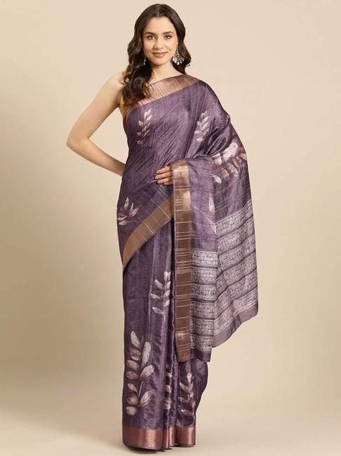 silk land purple silk floral print saree with unstitched blouse