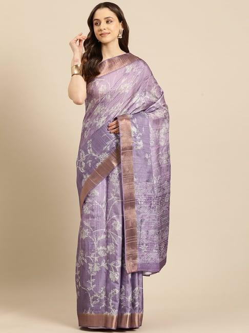 silk land purple silk floral print saree with unstitched blouse