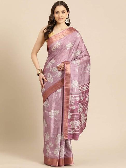 silk land purple silk floral print saree with unstitched blouse