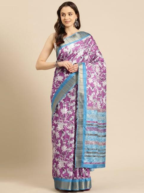 silk land purple silk floral print saree with unstitched blouse