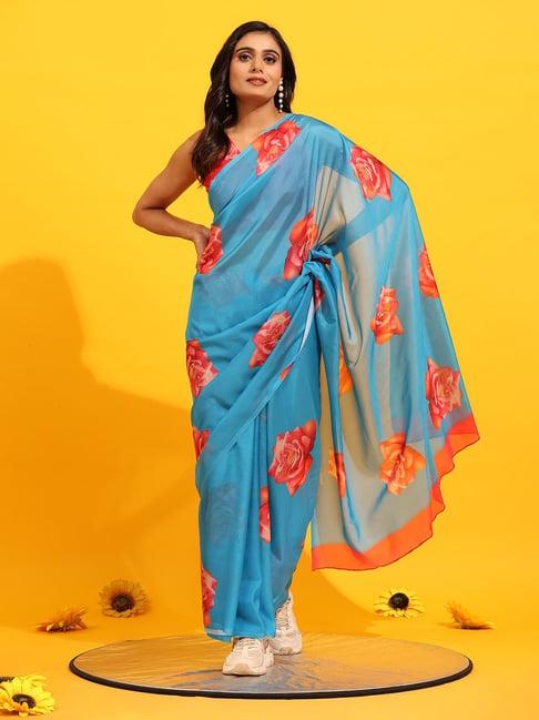 silk land red & blue silk floral print saree with blouse