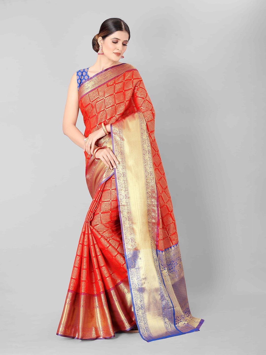 silk land red & blue zari art silk banarasi saree