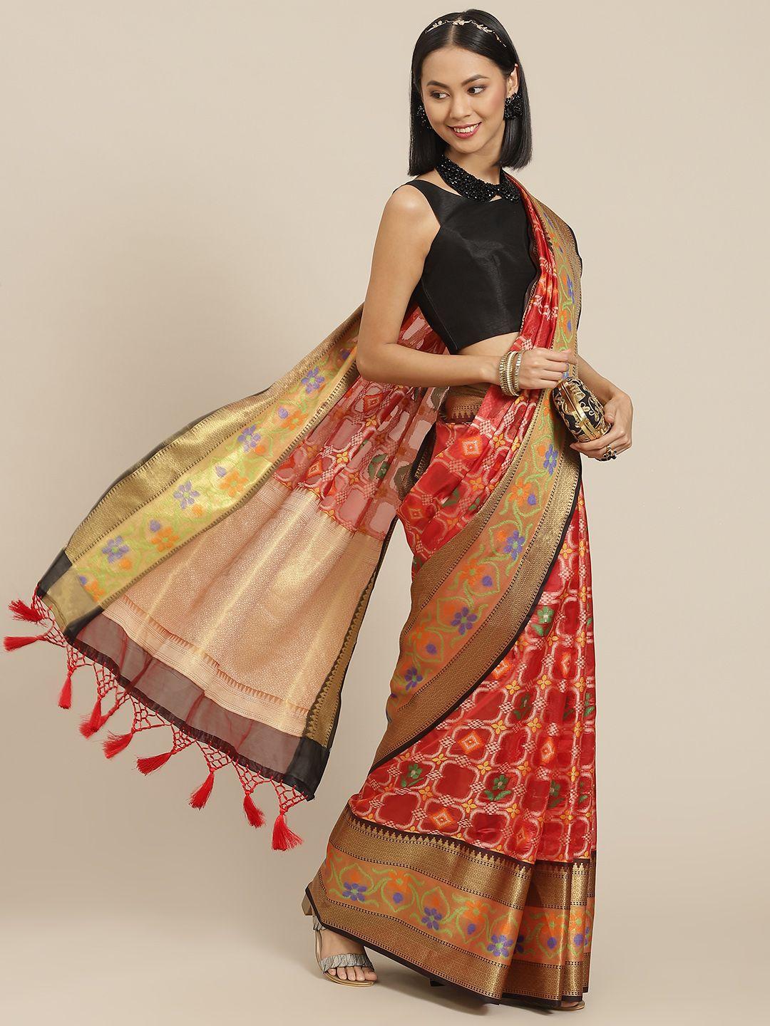 silk land red & gold-toned floral pure silk ikat saree