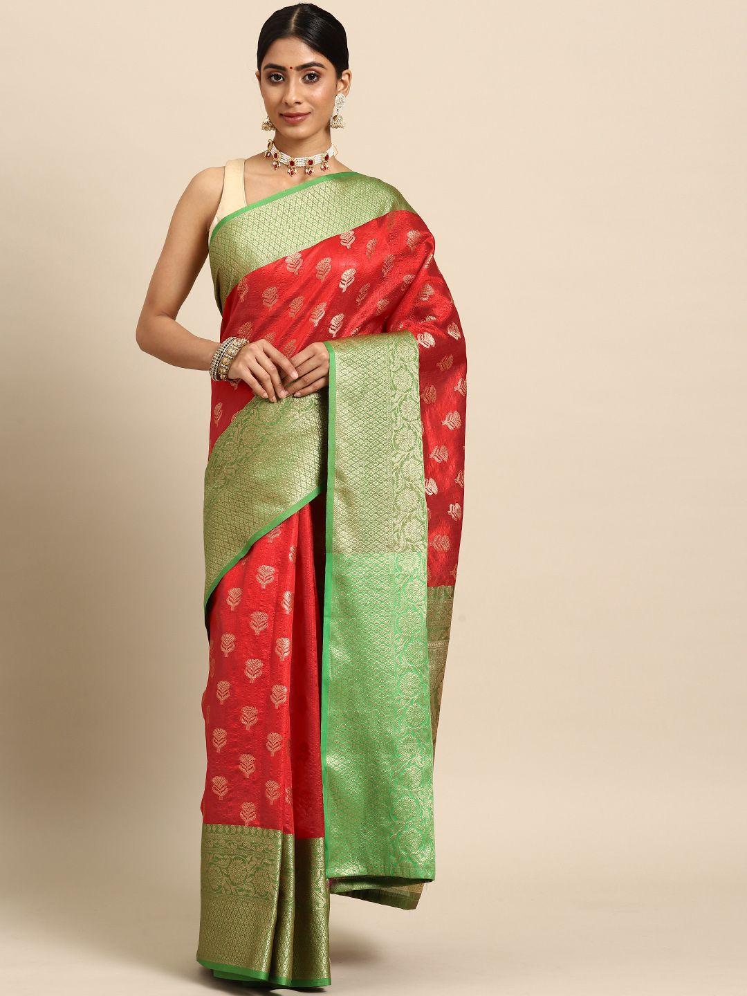 silk land red & green ethnic motifs zari art silk banarasi saree