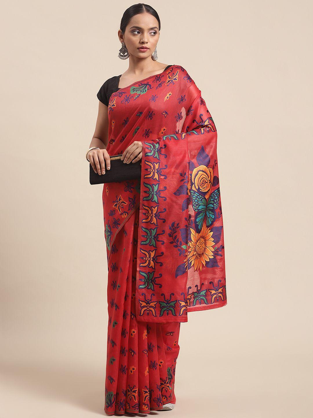 silk land red & green floral pure cotton jamdani saree