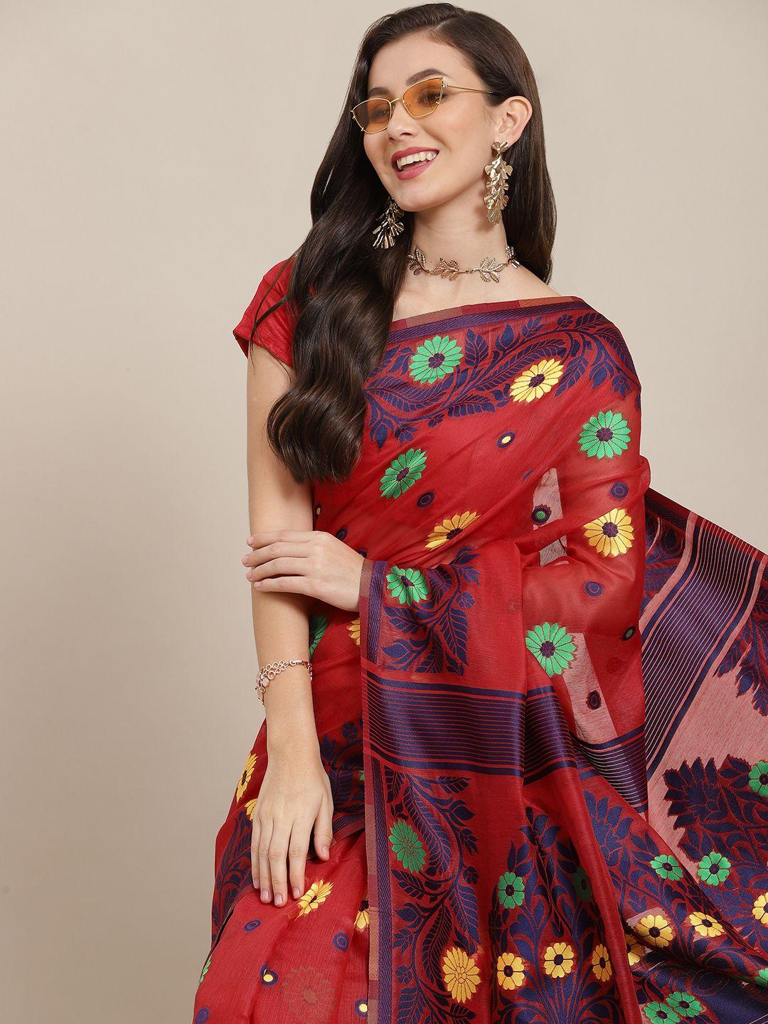 silk land red & green floral pure cotton jamdani saree