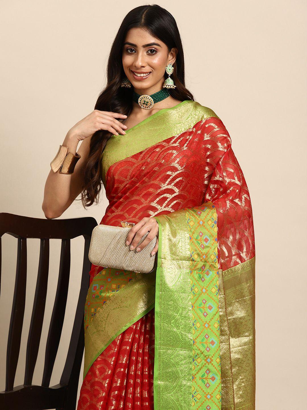 silk land red & green zari silk blend banarasi saree