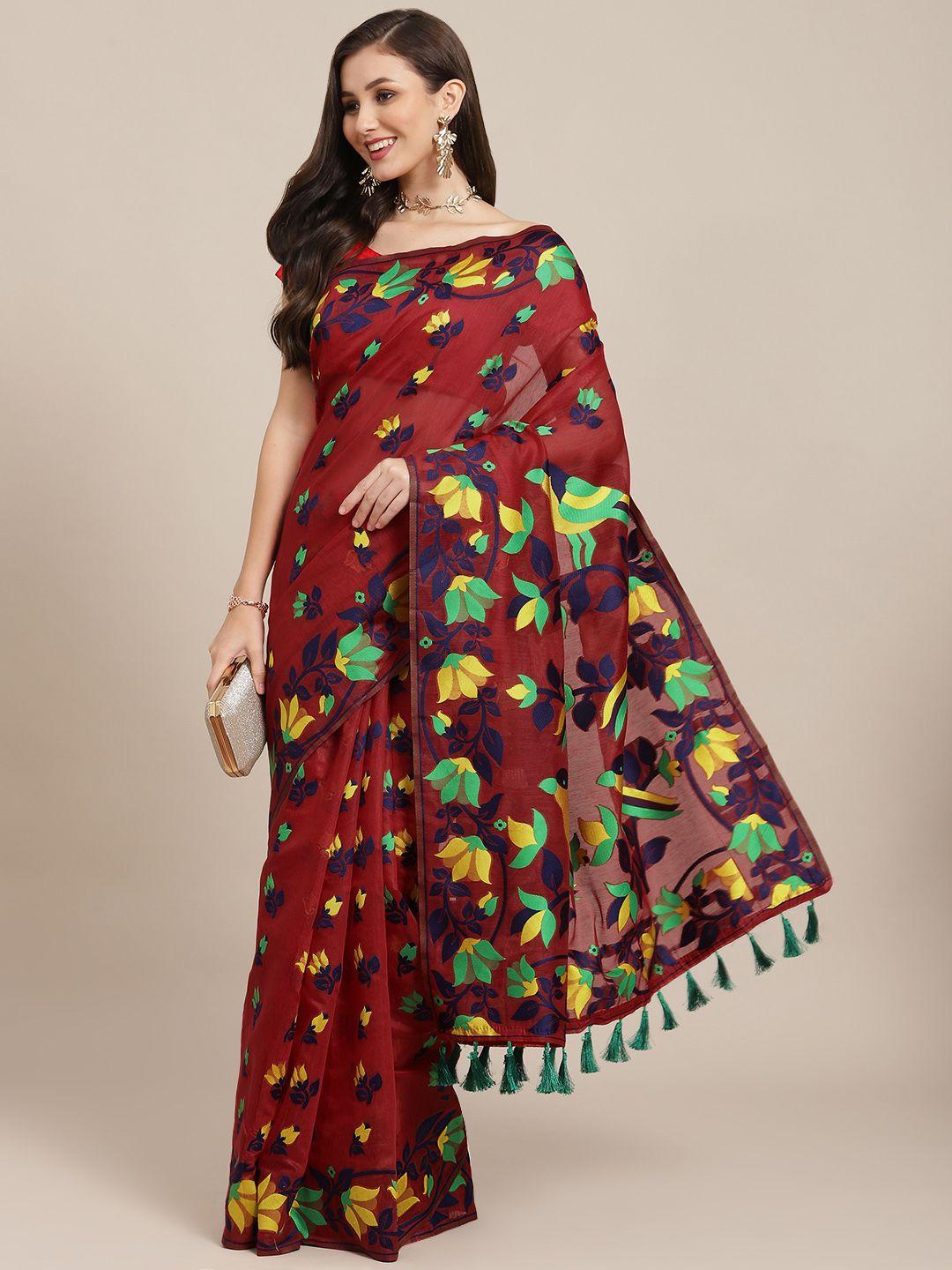 silk land red & red floral pure cotton jamdani saree