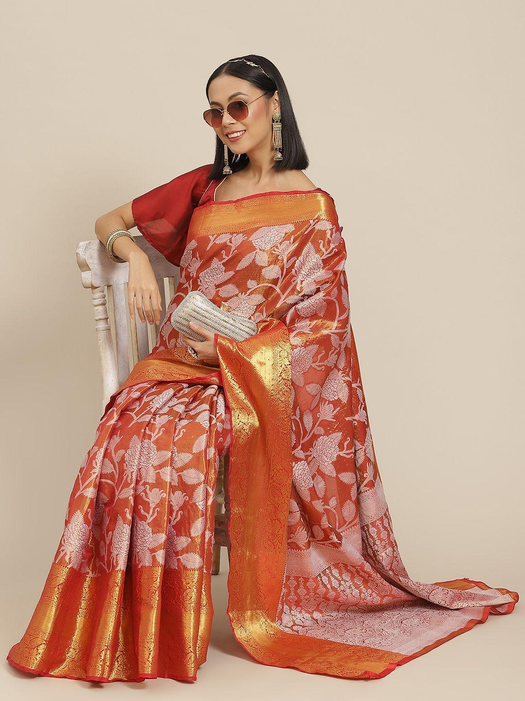 silk land red & white ethnic motifs zari pure silk ikat saree