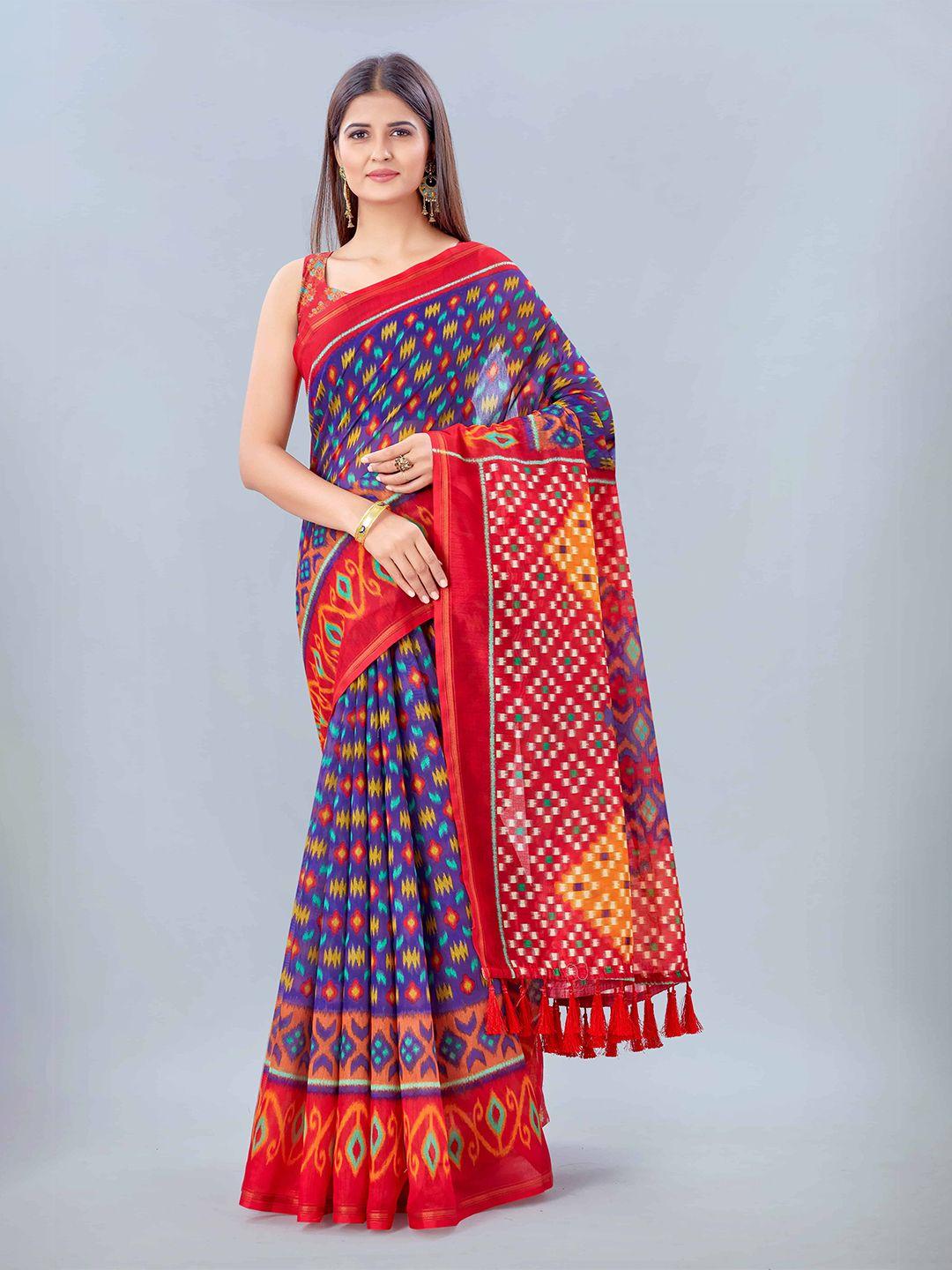 silk land red blue kalamkari pure cotton saree with tassels