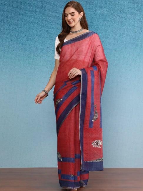 silk land red printed saree with unstitched blouse