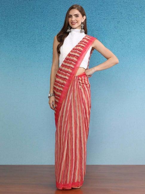 silk land red striped saree with unstitched blouse