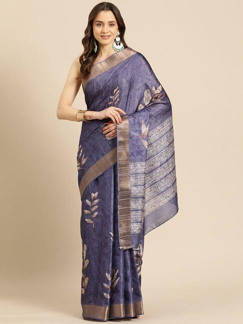 silk land royal blue silk floral print saree with unstitched blouse