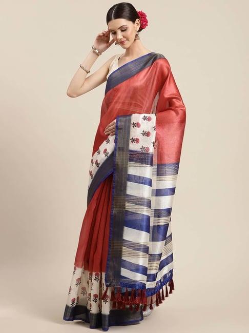 silk land rust & white printed saree with unstitched blouse