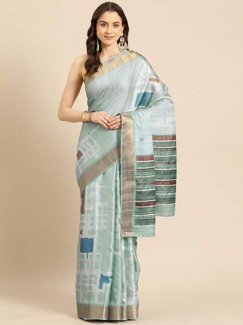 silk land sage green silk striped saree with unstitched blouse