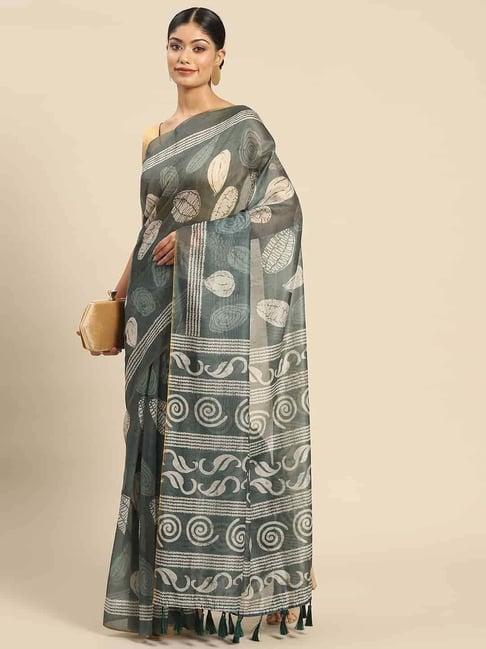 silk land sea green printed saree with unstitched blouse