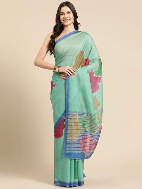 silk land sea green silk printed saree with unstitched blouse