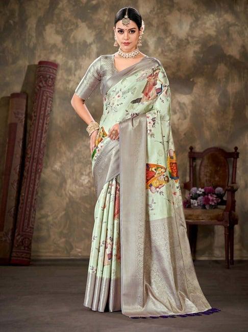 silk land sea green woven saree with unstitched blouse