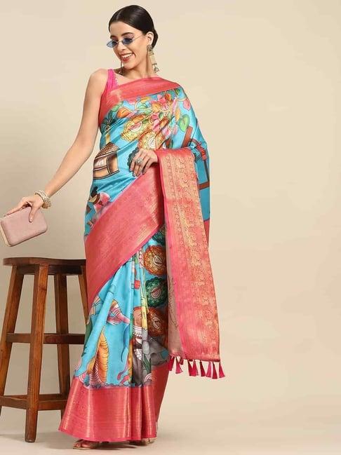 silk land silk blue woven saree with unstitched blouse