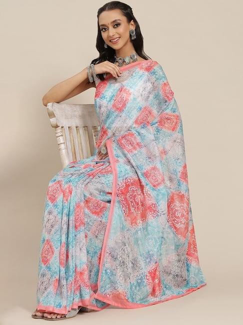 silk land silk ice blue & coral printed saree with unstitched blouse