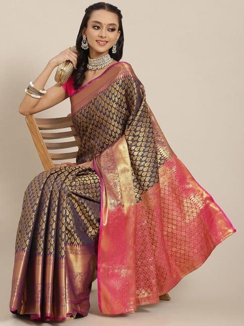 silk land silk navy woven saree with unstitched blouse