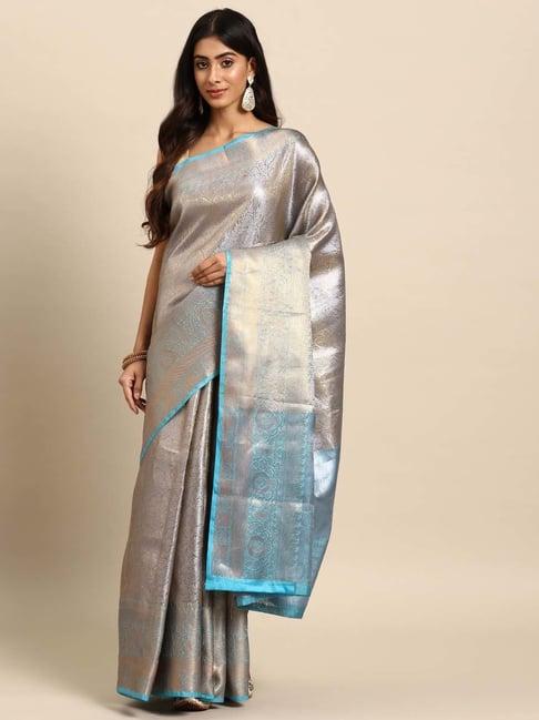 silk land silver & blue woven saree with unstitched blouse