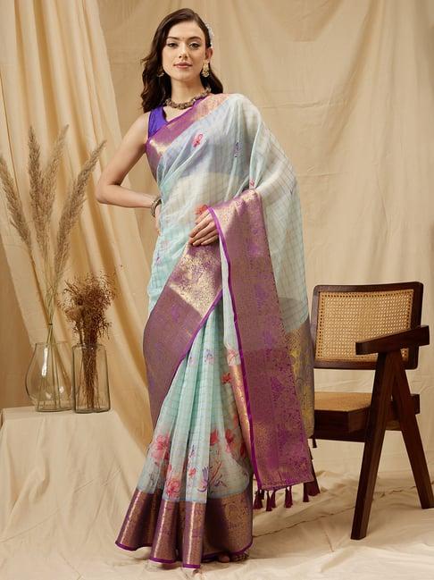 silk land sky blue floral print saree with blouse