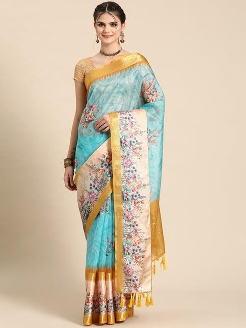 silk land sky blue silk floral print saree with blouse