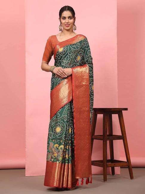 silk land soft silk green bandhani print saree with blouse