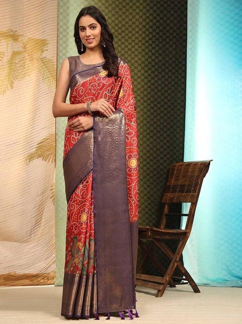 silk land soft silk red bandhani print saree with blouse