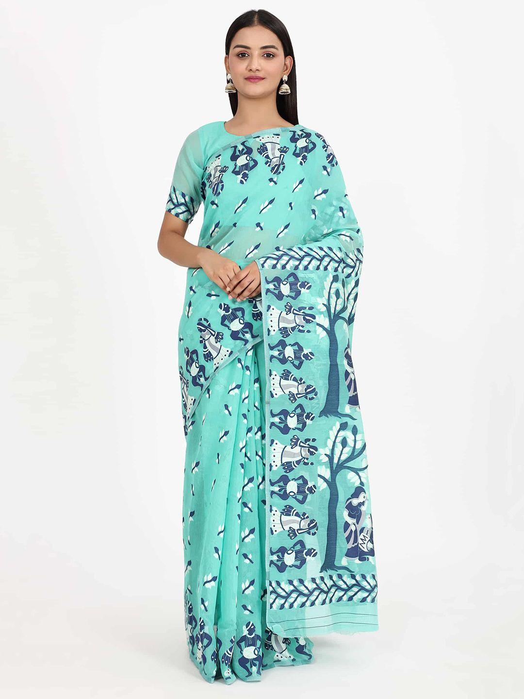 silk land teal & navy blue ethnic motifs pure cotton jamdani saree