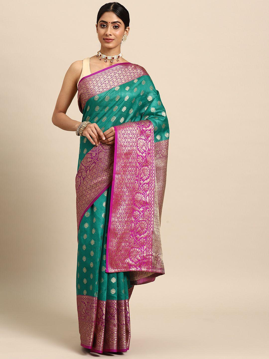 silk land teal & purple ethnic motifs zari art silk banarasi saree