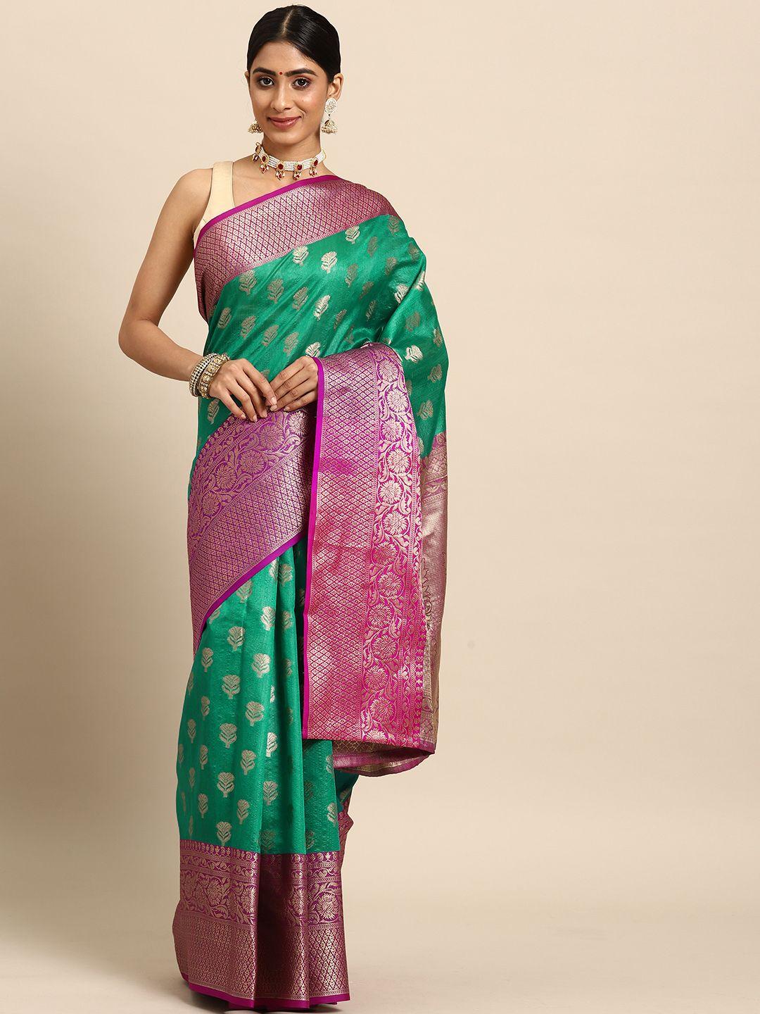 silk land teal & purple ethnic motifs zari art silk banarasi saree