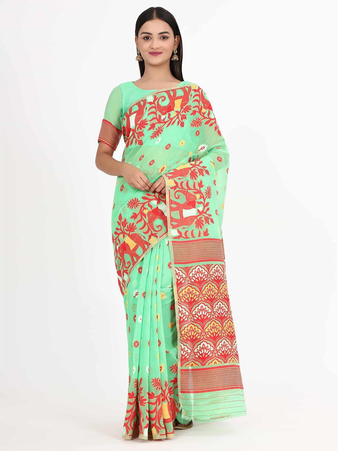 silk land teal & red ethnic motifs pure cotton jamdani saree