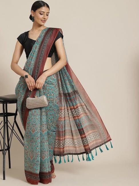 silk land teal blue cotton floral print saree with unstitched blouse