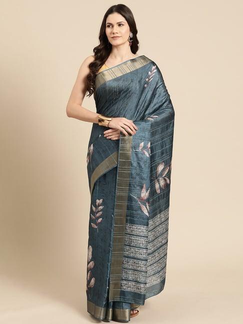 silk land teal blue silk floral print saree with unstitched blouse